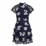 AX Paris Womens Navy Lace Floral Mini Dress Elegant Ruffle Details Size 10
