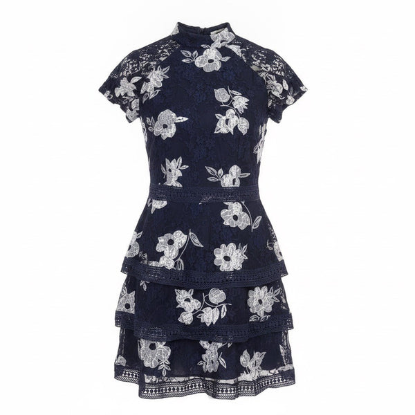AX Paris Womens Navy Lace Floral Mini Dress Elegant Ruffle Details Size 10