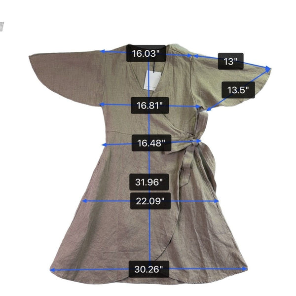 Lu•Ciee Womens Beige Linen Wrap Dress Eco-Friendly Summer Tie Waist Sz S