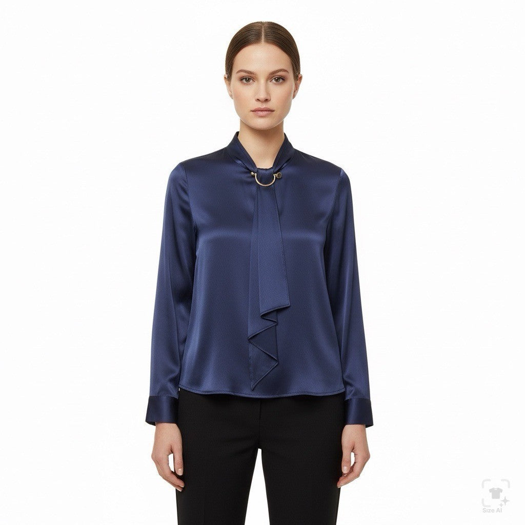 LILYSILK Womens Navy Blue Silk Long Sleeve Blouse With Tie Neck Detail Size M