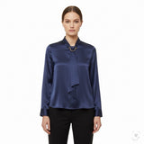 LILYSILK Womens Navy Blue Silk Long Sleeve Blouse With Tie Neck Detail Size M