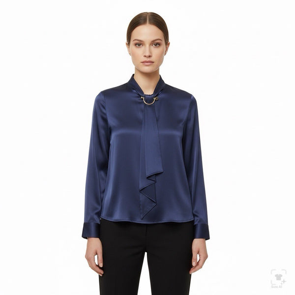 LILYSILK Womens Navy Blue Silk Long Sleeve Blouse With Tie Neck Detail Size M