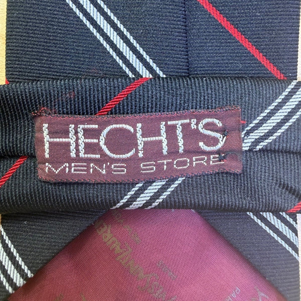 Y Saint Laurent Mens Navy Silk Tie Striped Pattern Red & White Accents