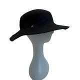 Black Wool Wide-Brim Fedora Hat With Red Floral Embellishment
