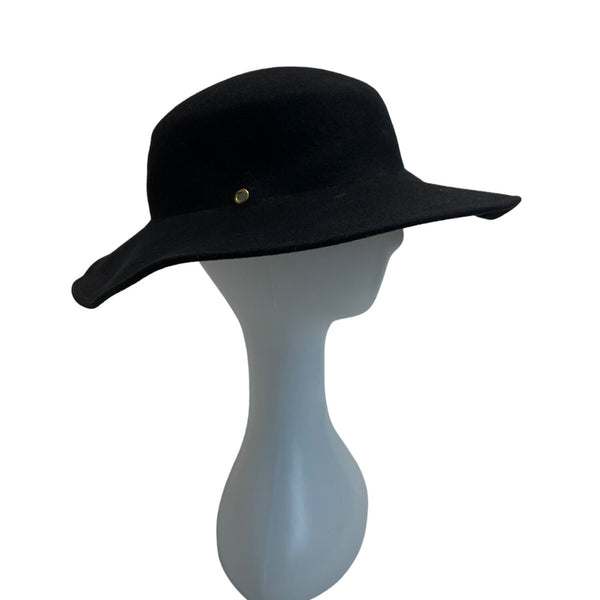 Black Wool Wide-Brim Fedora Hat With Red Floral Embellishment