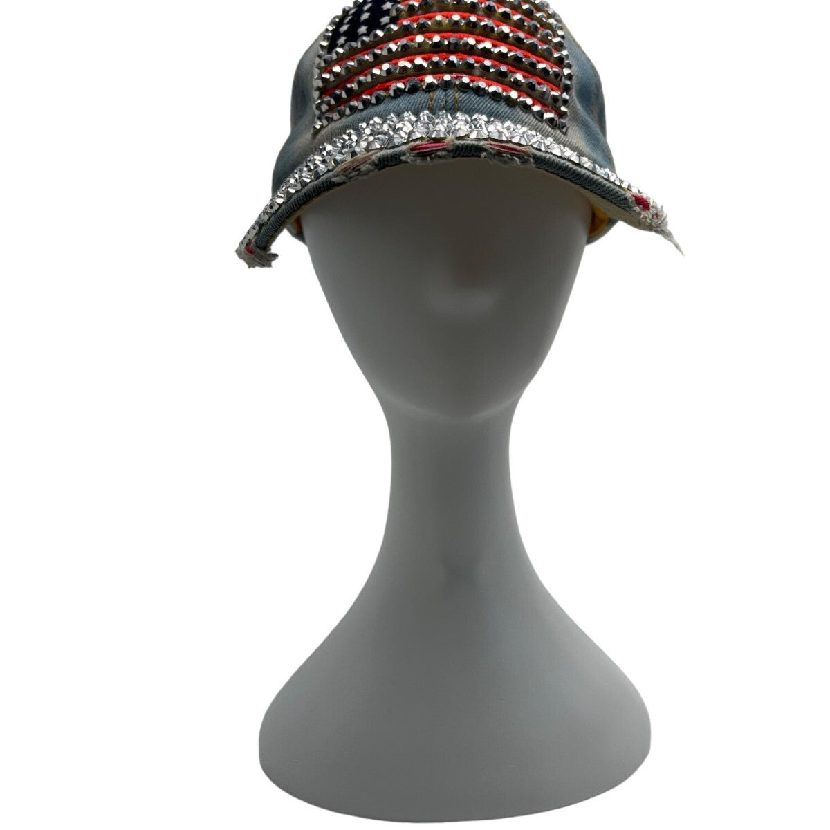 American USA Flag Rhinestone Distressed Design Denim Cap With Adjustable Strap