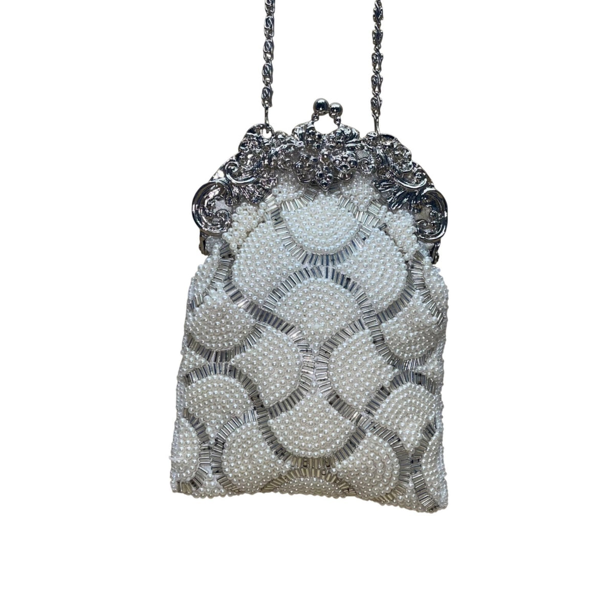 Special Occasions Women’s White Beaded Vintage-Style Chain Strap Evening Bag