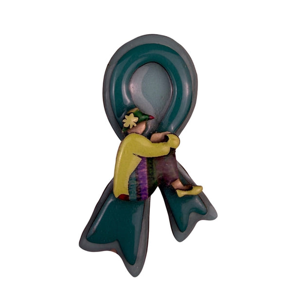 Lucinda Womens Green Handcrafted Ribbon Pin Multicolor Painted Design Brooch