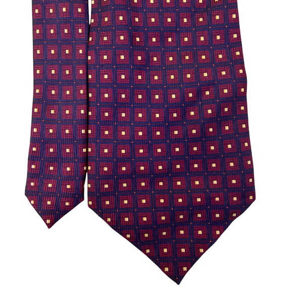 Nautica Mens Burgundy Silk Tie Yellow Square Pattern Classic Necktie