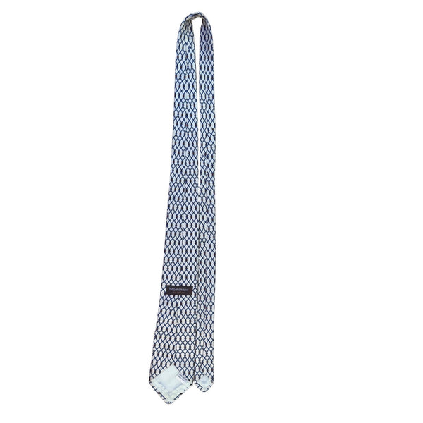 Saint Laurent Mens Ivory & Blue 100% Silk Neck Tie Rope Grid Pattern