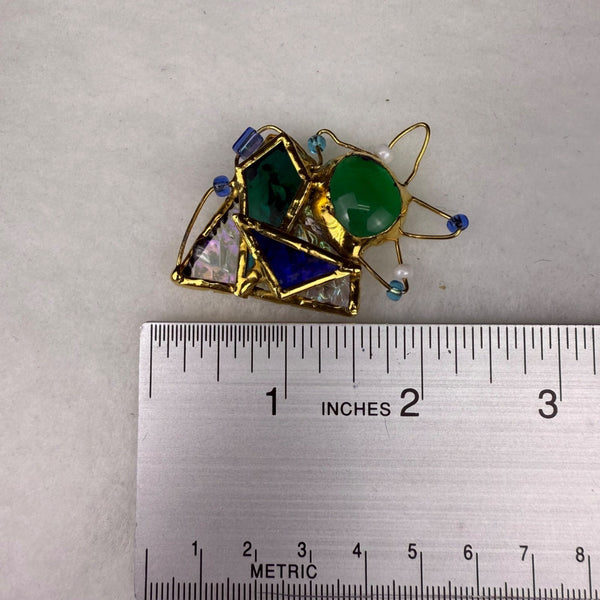 Abstract Gold Tone & Multicolor Glass Brooch Artistic Pin Unique Design