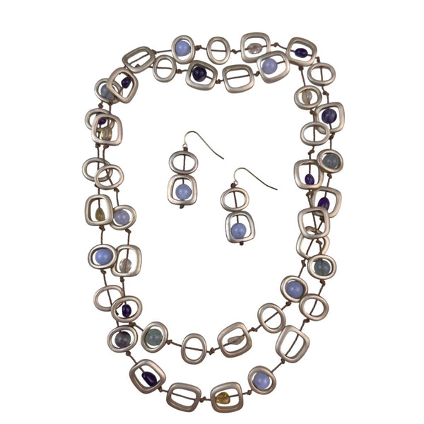 Long Necklace Women Multicolor Natural Stones Metal Design With Earrings