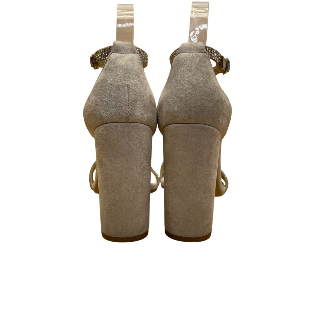 Steve Madden Women’s Taupe Suede Rhinestone Strap Block Heel Sandals Size 6.5M