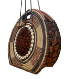 Women’s Woven Straw & Leather Multicolor Round Handbag With Cowrie Shell Trim