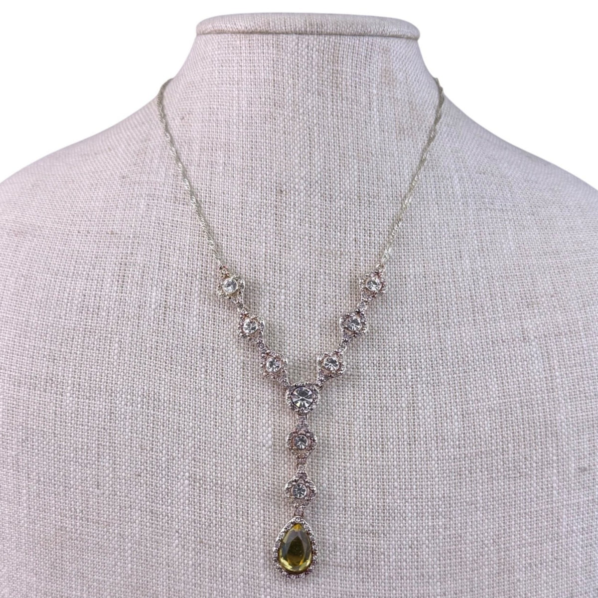 Silver Tone Womens Necklace With Crystals & Teardrop Yellow Gem Statement