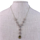Silver Tone Womens Necklace With Crystals & Teardrop Yellow Gem Statement