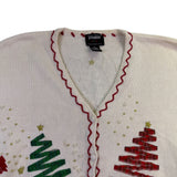 Studio Joy Womens White Holiday Cardigan Embellished Trees Design Sz 3X