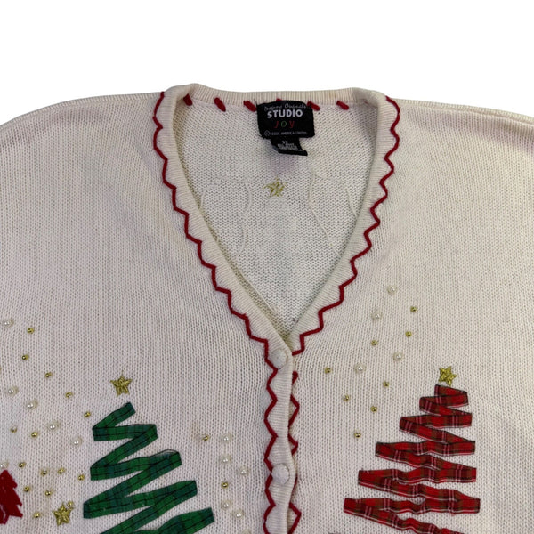 Studio Joy Womens White Holiday Cardigan Embellished Trees Design Sz 3X