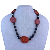 Assembled Stone Black & Red Beaded Necklace Semi-Precious Stones Silver Toggle