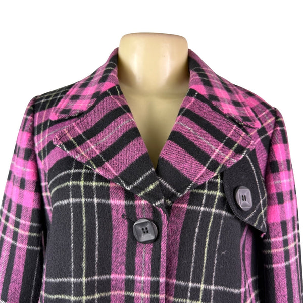 Abbie Mags Womens Black & Pink Plaid Wool Blend Button-Up Coat Retro Chic Size S