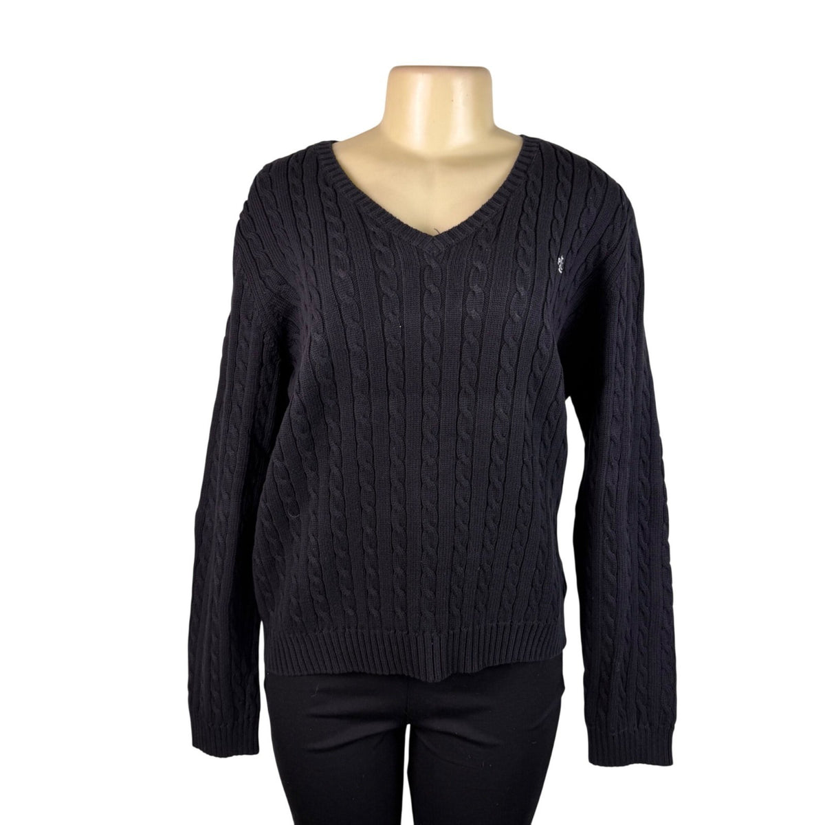 Lauren Ralph Lauren Womens Black Cotton Cable Knit V-Neck Sweater Sz XL