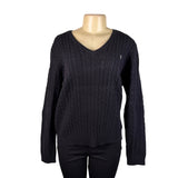 Lauren Ralph Lauren Womens Black Cotton Cable Knit V-Neck Sweater Sz XL