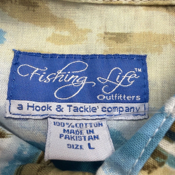 Fishing Life Mens Blue Hawaiian Fishing Shirt Short-Sleeve Casual Sz L