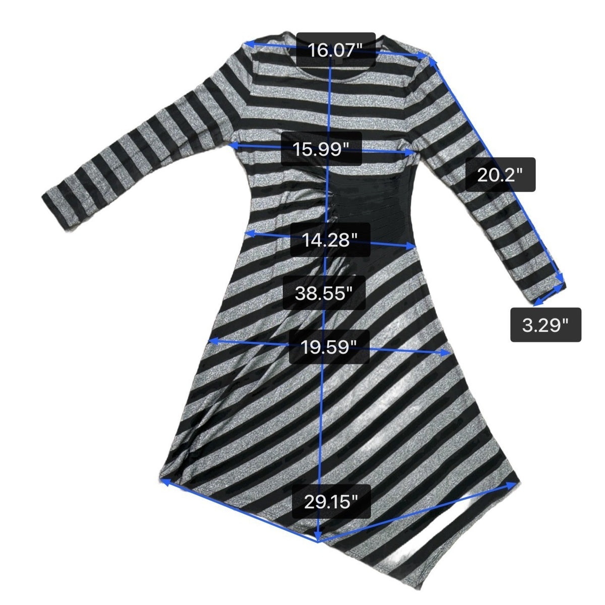 Beige By Eci Womens Black & Silver Striped Long Sleeve Asymmetric Dress Sz L