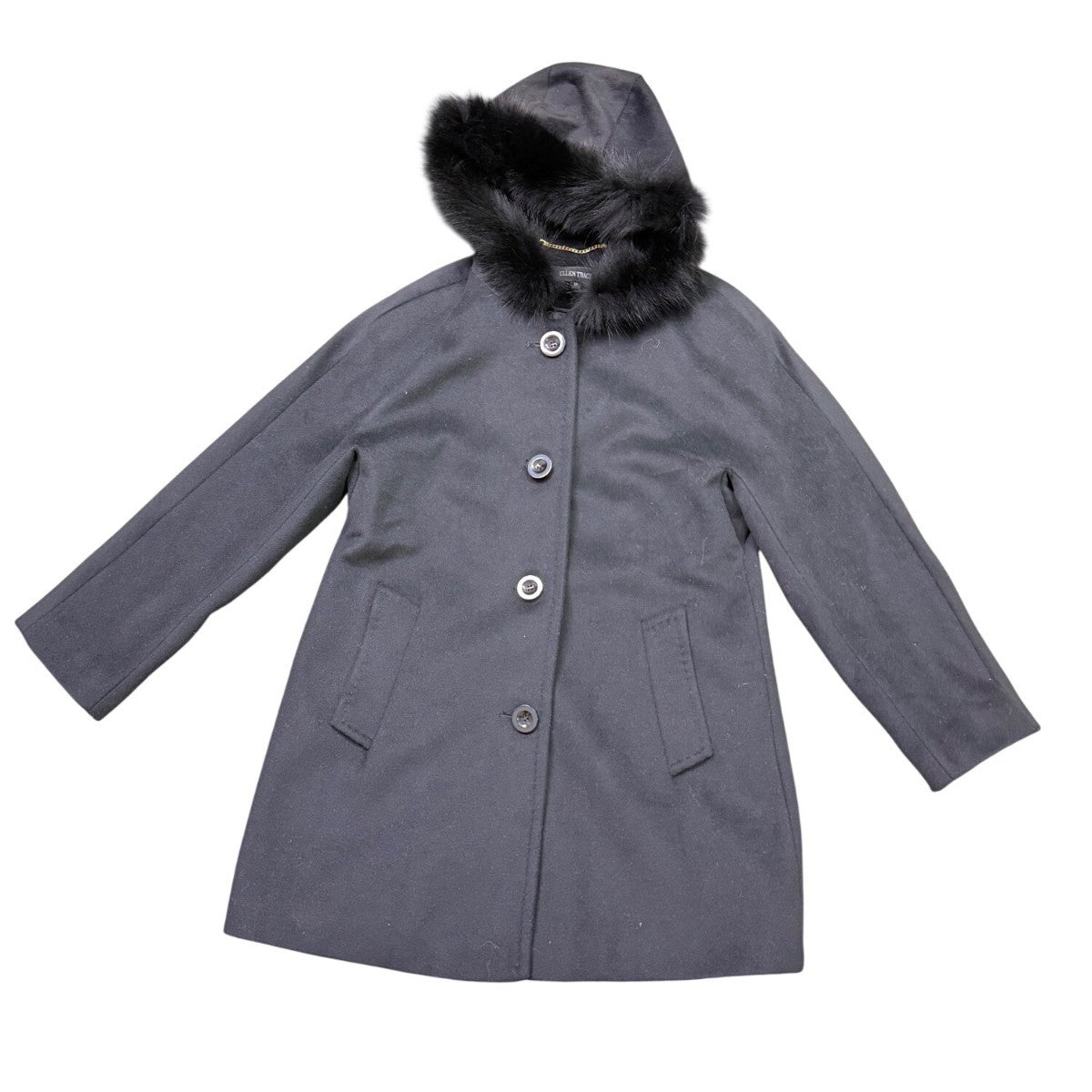 Ellen Tracy Womens Black Wool Blend Hooded Coat W/ Faux Fur Trim Size 8P
