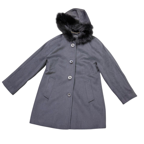 Ellen Tracy Womens Black Wool Blend Hooded Coat W/ Faux Fur Trim Size 8P