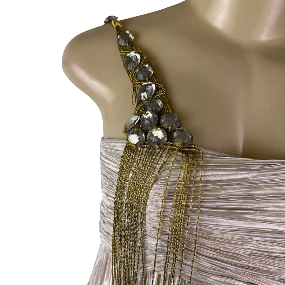 Mary McFadden Women’s Gold & Cream Pleated Satin Gown With Beaded Strap Size 6