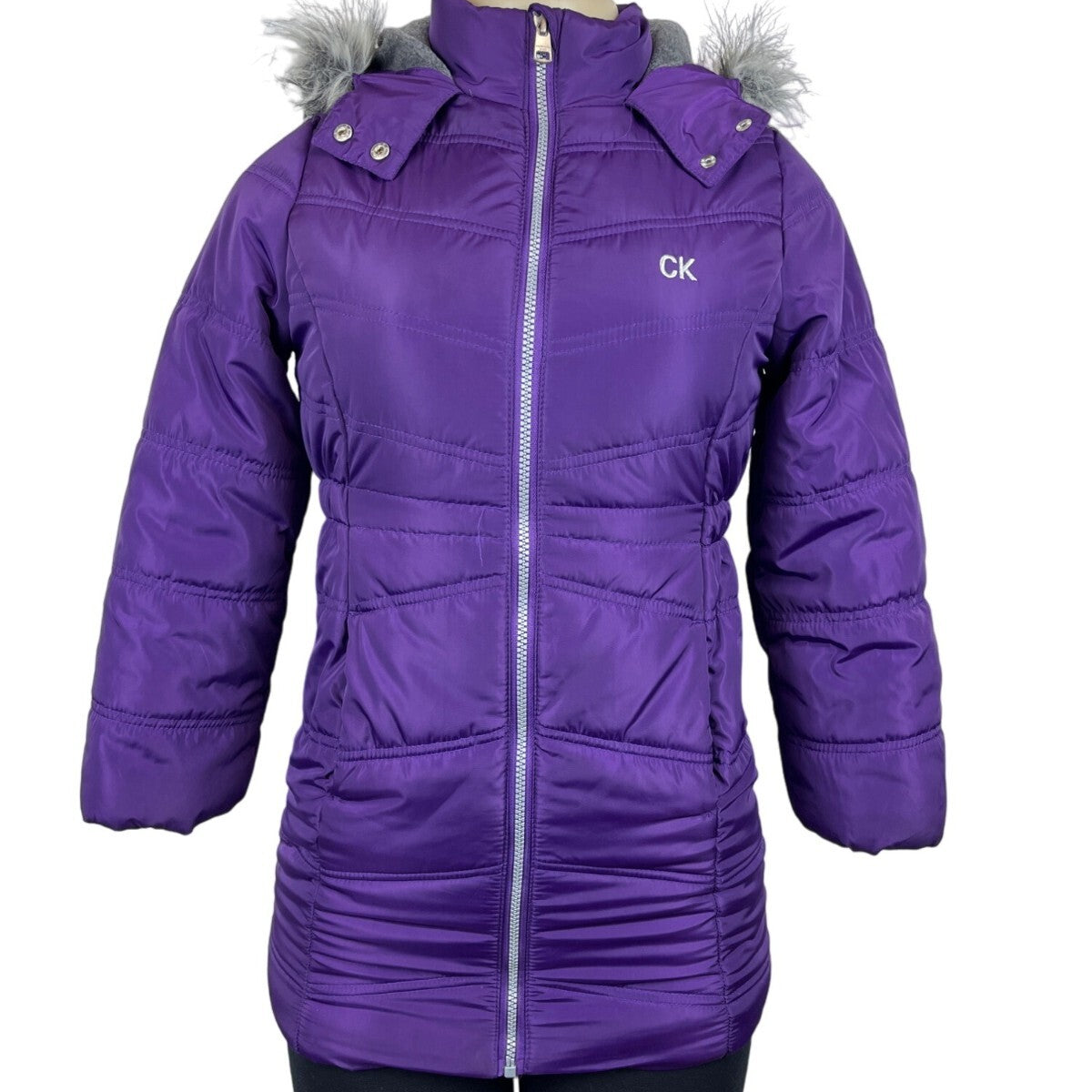 Calvin Klein Womens Purple Puffer Jacket With Faux Fur Hood & Side Pockets Sz S