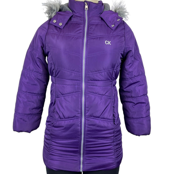 Calvin Klein Womens Purple Puffer Jacket With Faux Fur Hood & Side Pockets Sz S
