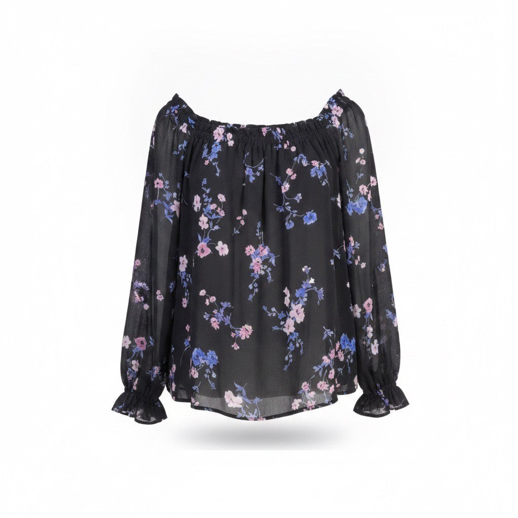 Cece Womens Black Floral  Off-Shoulder Top Sleeve Tie Detailing Size M 3/4