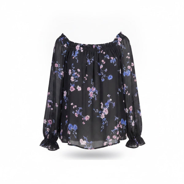 Cece Womens Black Floral  Off-Shoulder Top Sleeve Tie Detailing Size M 3/4