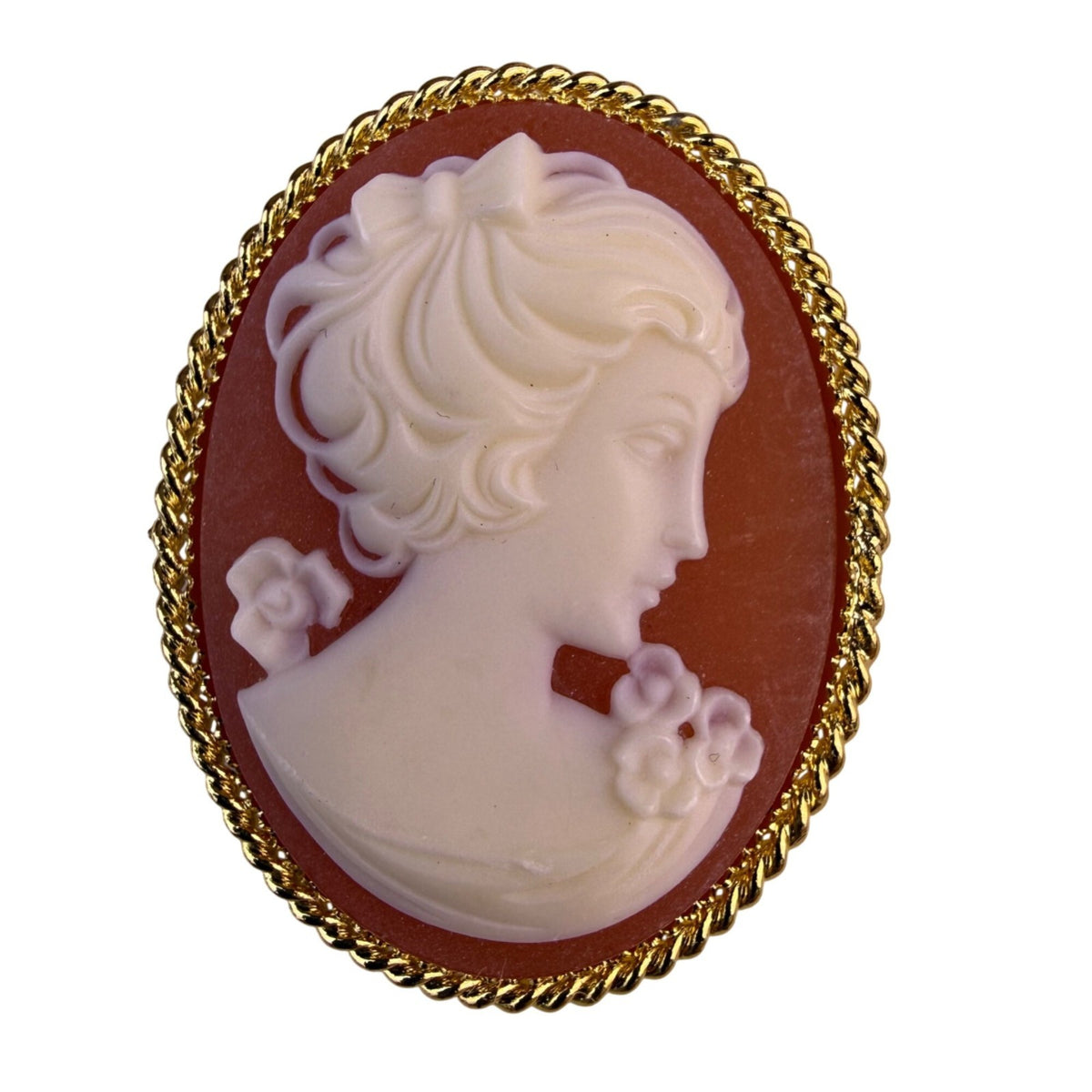 Vintage Unknown Women Gold Tone Resin Cameo Brooch Oval Jewelry Unique
