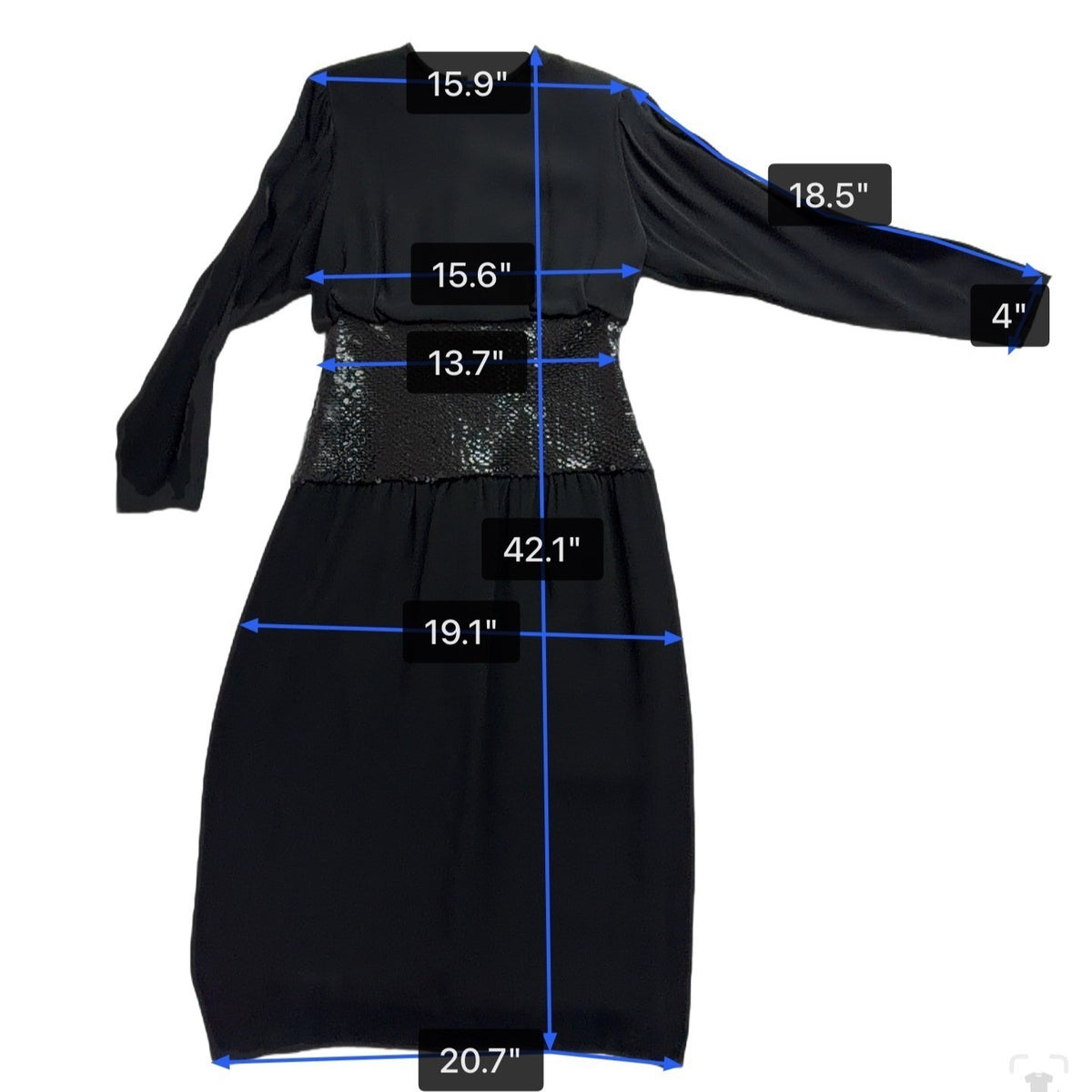Vintage Mignon Womens Black Sequin Cinched Waist Long Sleeve Dress M