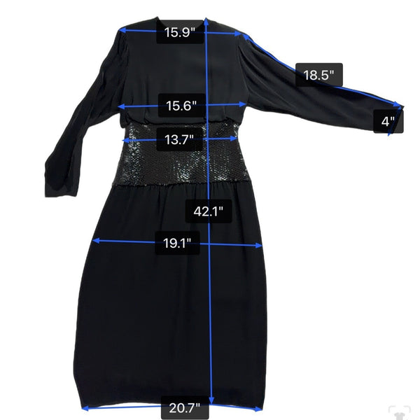 Vintage Mignon Womens Black Sequin Cinched Waist Long Sleeve Dress M