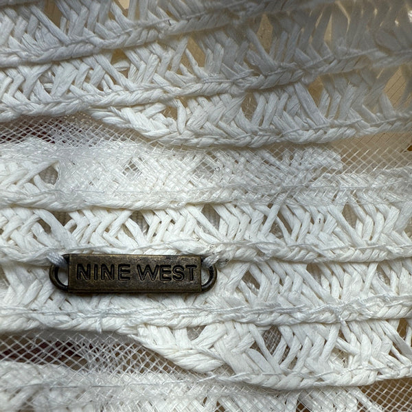 Nine West White Woven bucketHat With Openwork Design & Inner Ribbon Band