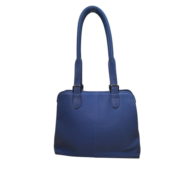 Levenger Women’s Blue Leather Double Handles Front Pocket Shoulder Tote Bag