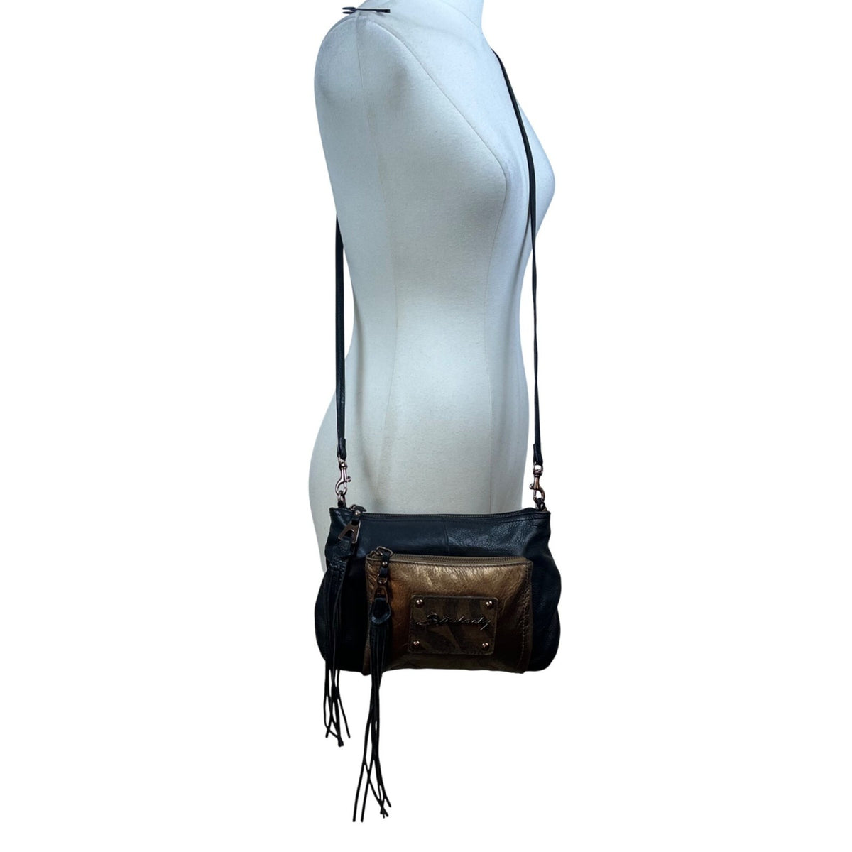 B. Makowsky Women’s Black & Bronze Leather With Fringe Zippered Crossbody Bag