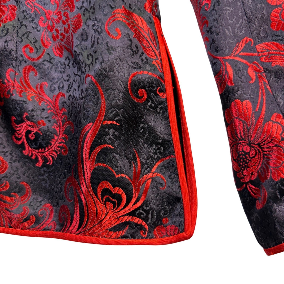 Women Black Red Brocade Floral Mandarin Jacket Laced Up