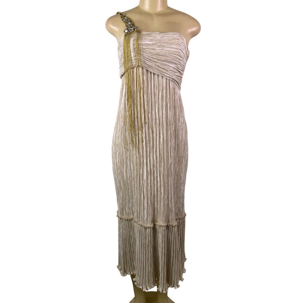 Mary McFadden Women’s Gold & Cream Pleated Satin Gown With Beaded Strap Size 6