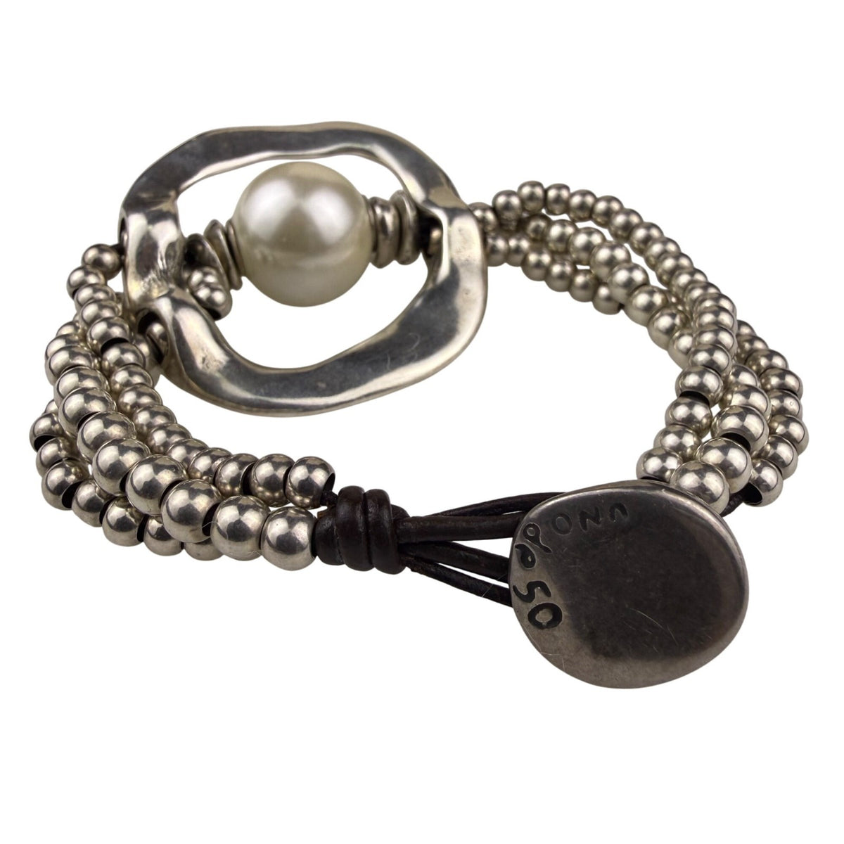 Uno De 50 Womens Silver Tone & Leather Beaded Faux Pearl Bracelet
