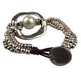 Uno De 50 Womens Silver Tone & Leather Beaded Faux Pearl Bracelet