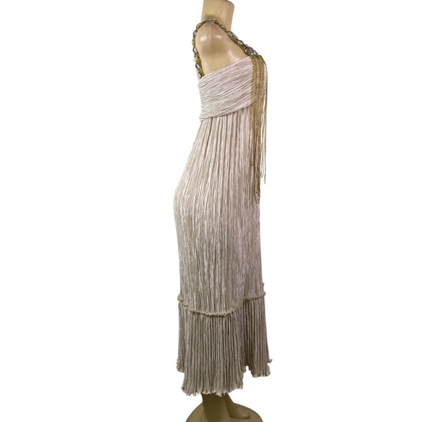 Mary McFadden Women’s Gold & Cream Pleated Satin Gown With Beaded Strap Size 6