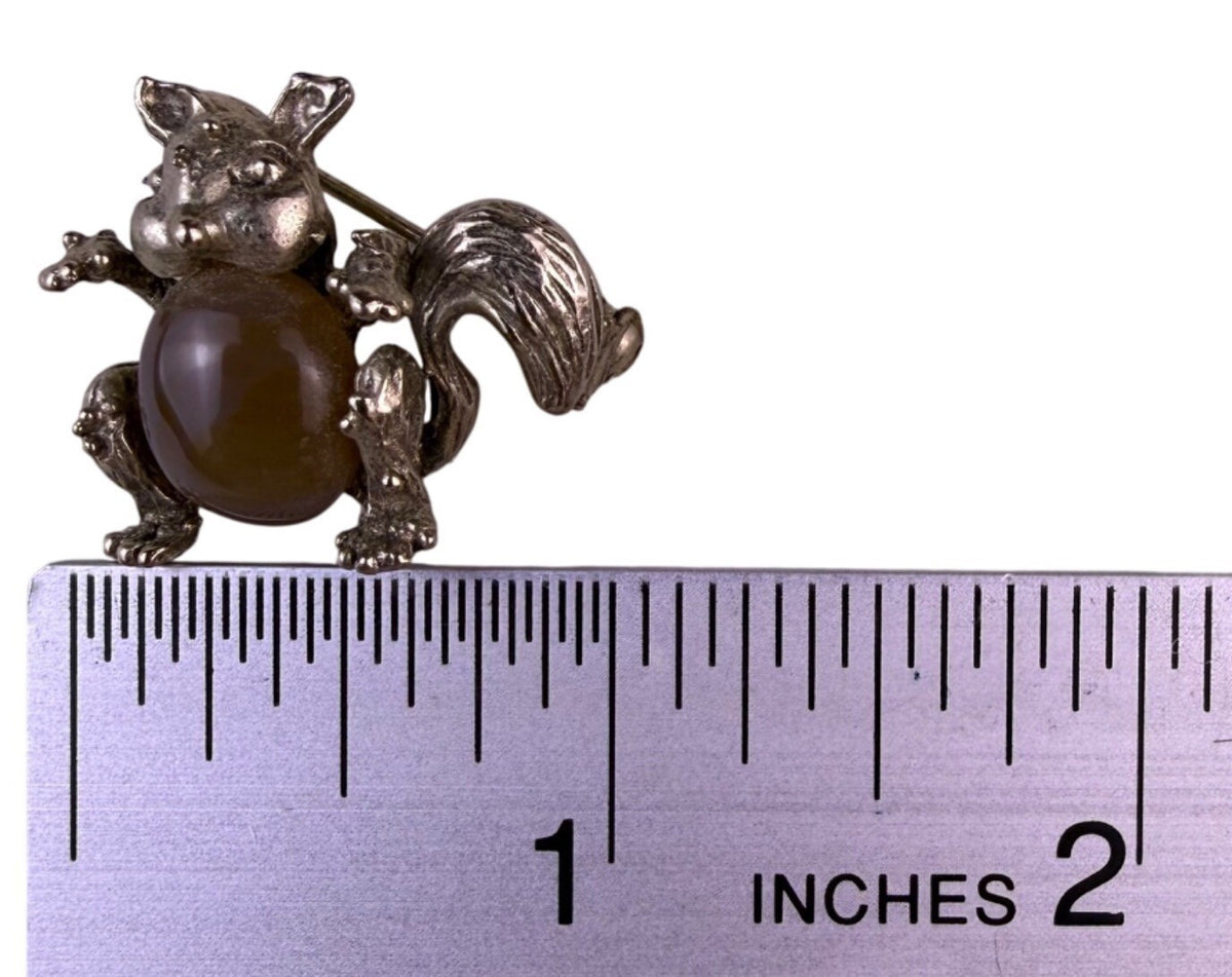 Vintage Silver Tone Animal Brooch Jelly Belly Stone Squirrel Retro Pin Jewelry