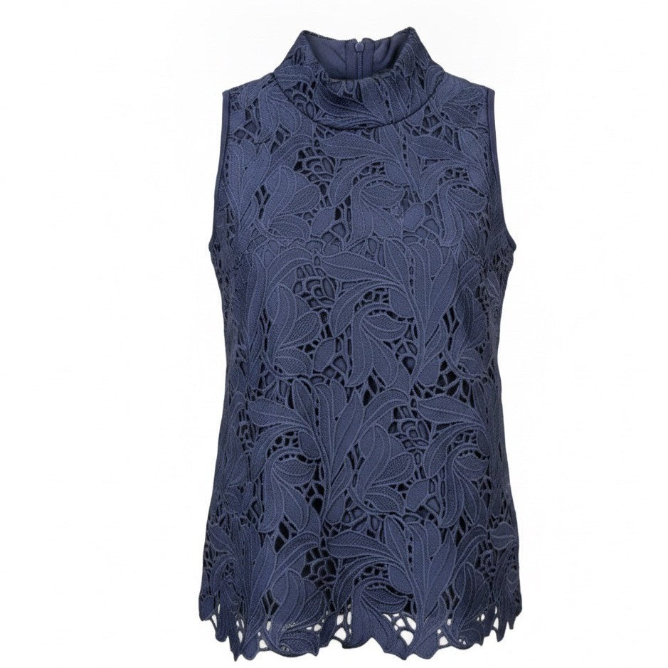 Ann Taylor Womens Navy Lace High-Neck Sleeveless Top Scalloped Hem Size XS