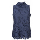 Ann Taylor Womens Navy Lace High-Neck Sleeveless Top Scalloped Hem Size XS