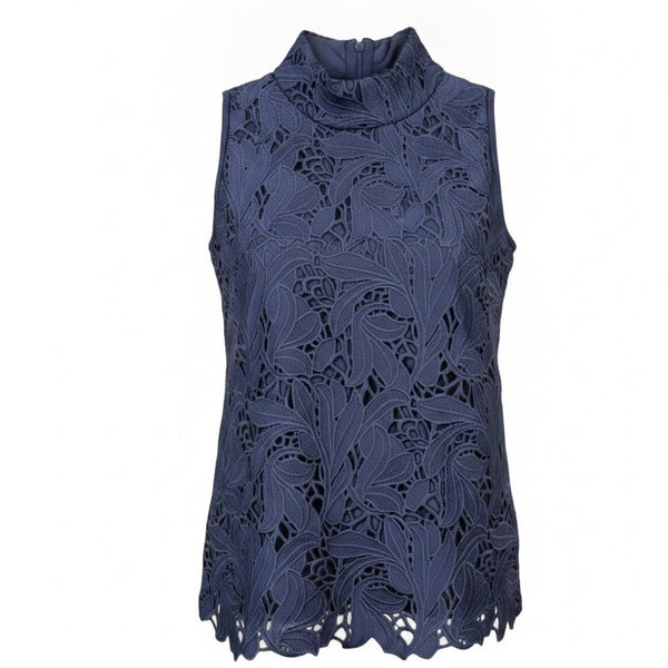 Ann Taylor Womens Navy Lace High-Neck Sleeveless Top Scalloped Hem Size XS